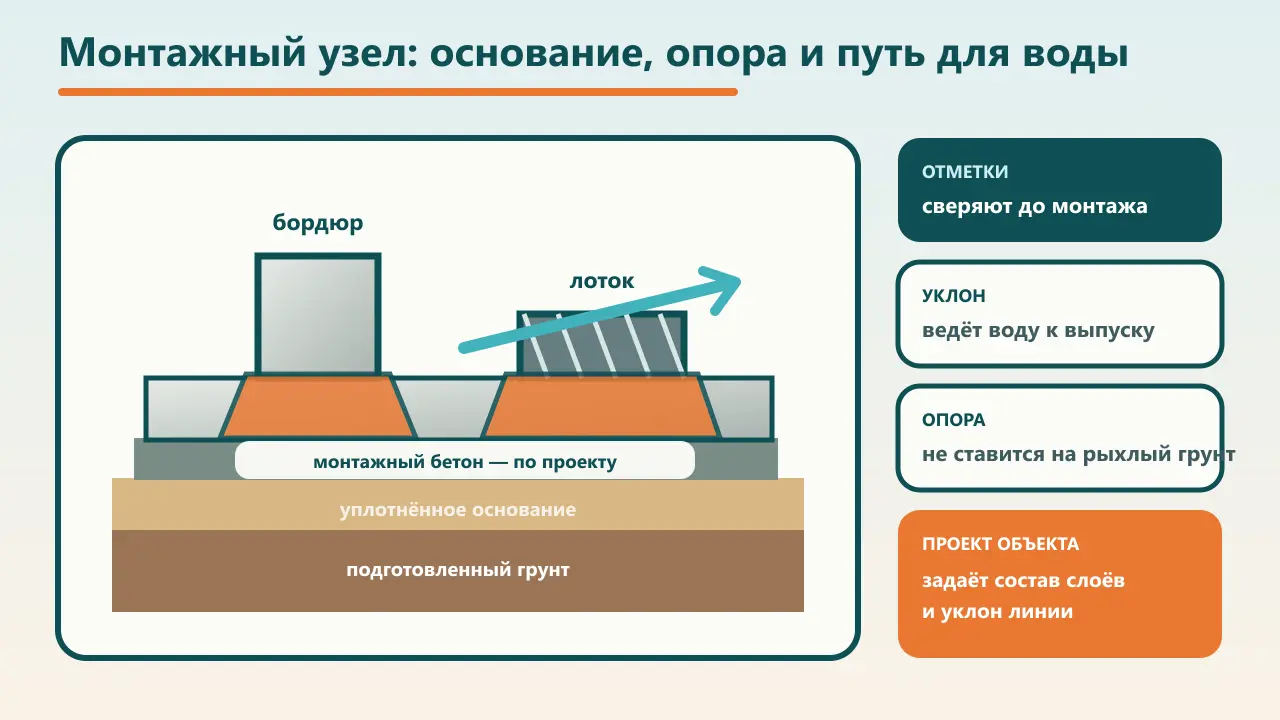 Схема установки бордюра и водоотводного лотка на подготовленное основание