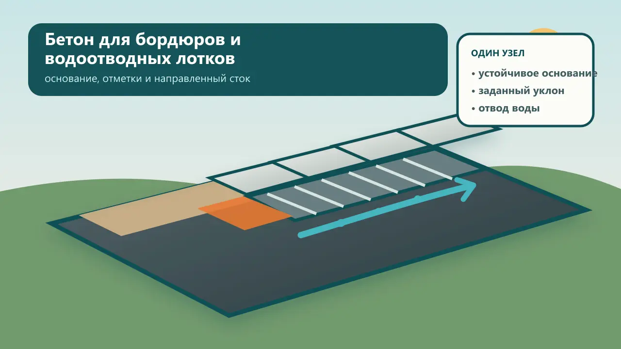 Бетон для бордюров и водоотводных лотков: монтаж Бетонный бордюр и водоотводный лоток у площадки с направлением стока к выпуску