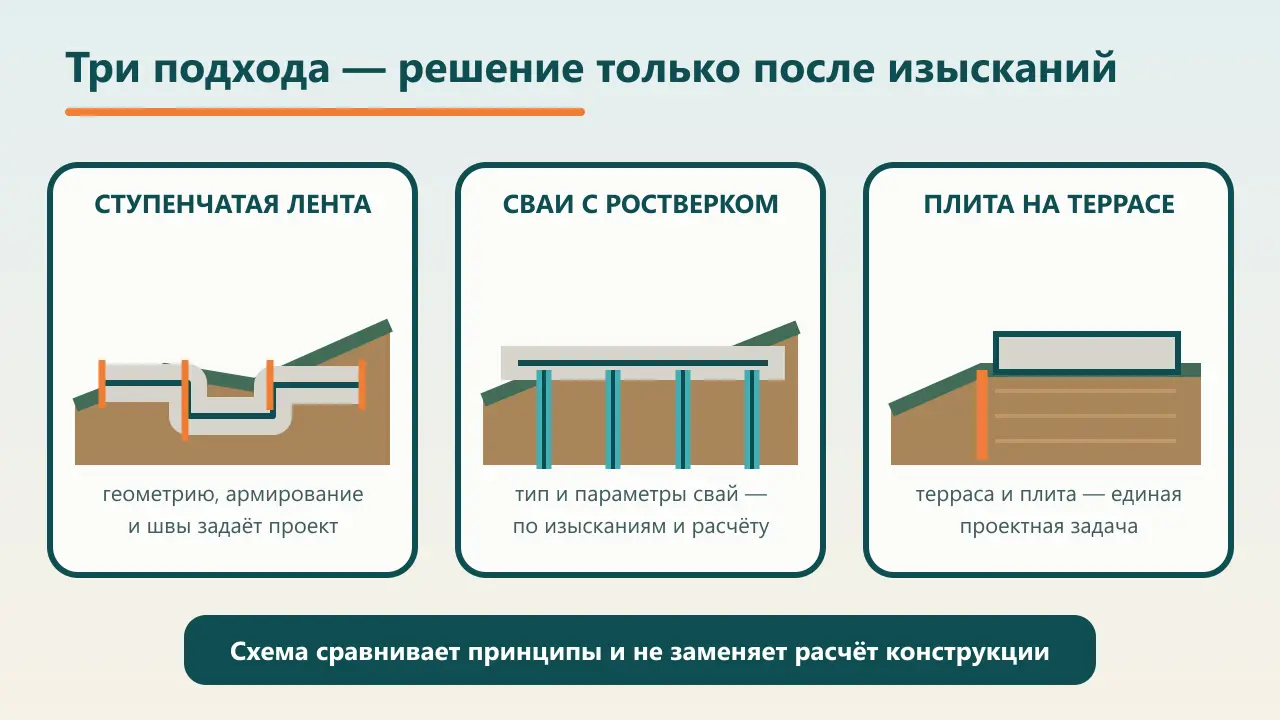 Сравнение ступенчатой ленты, свай с ростверком и плиты на террасированном участке