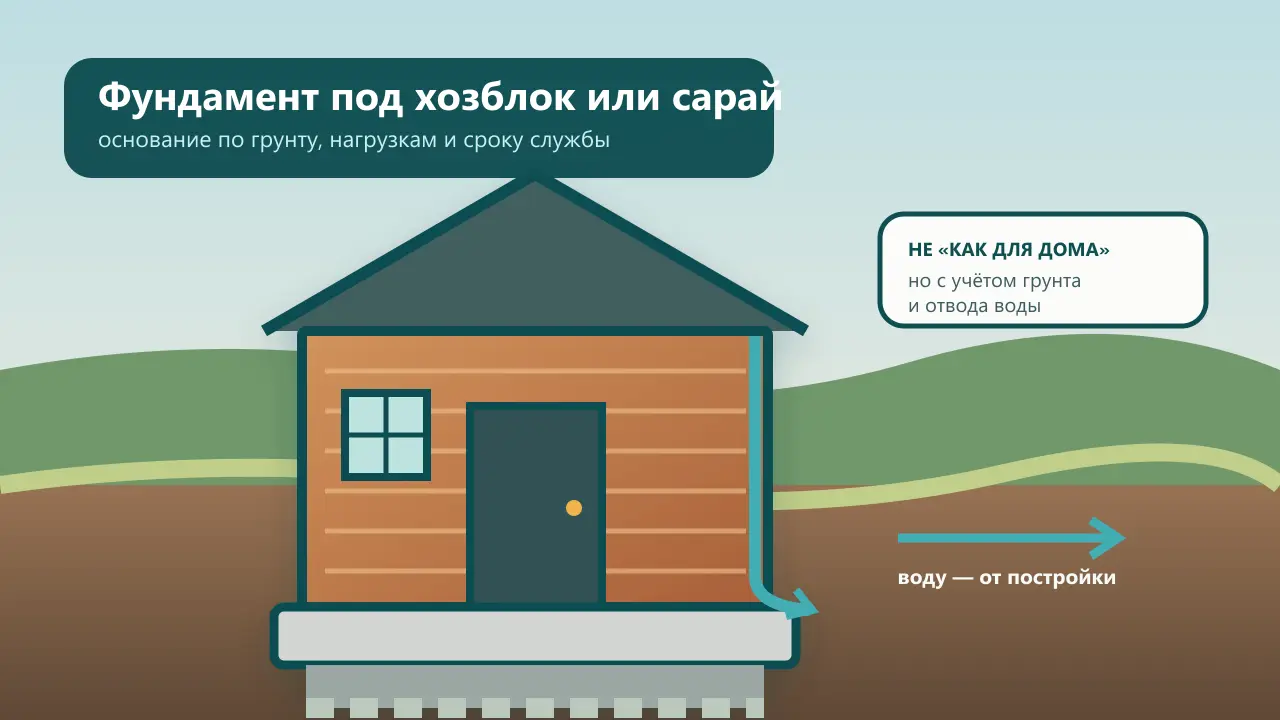 Условная иллюстрация готового хозблока на бетонном основании со стрелками отвода воды