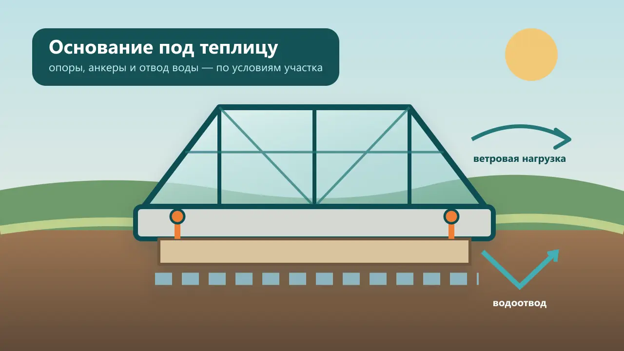 Фундамент под теплицу в Хабаровске: как выбрать основание и анкеры Каркас поликарбонатной теплицы на бетонном основании с отводом воды