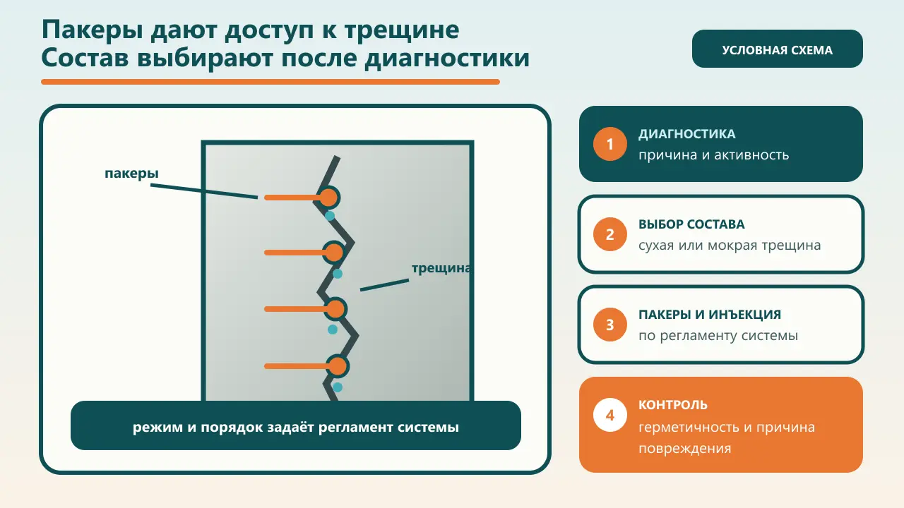 Условная схема бетонной стены с трещиной и инъекционными пакерами вдоль её линии