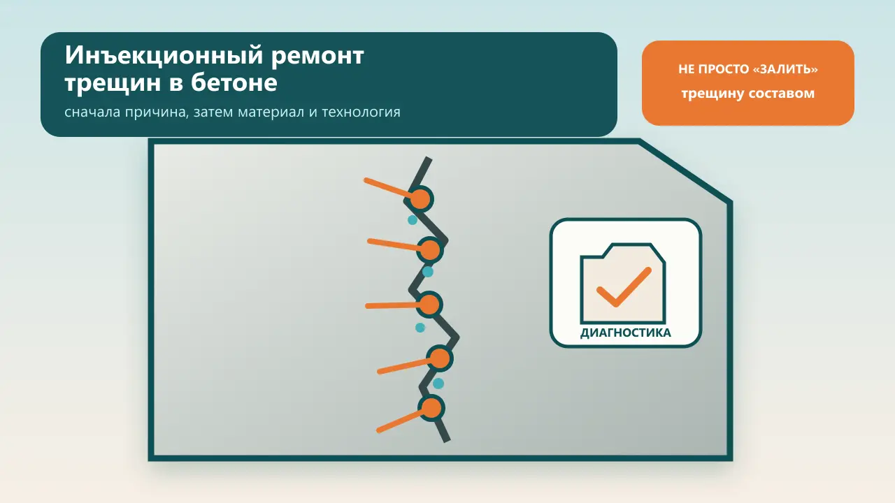Инъекционный ремонт трещин в бетоне: эпоксидная или полиуретановая смола Условная схема бетонной стены с трещиной, пакерами и отметкой о необходимости диагностики