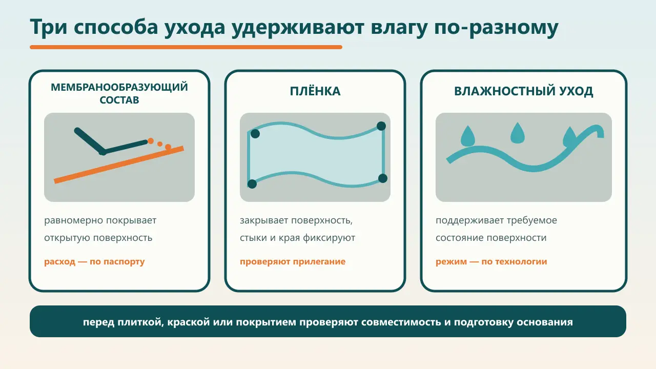 Сравнение мембранообразующего состава, полиэтиленовой плёнки и влажностного ухода за бетоном