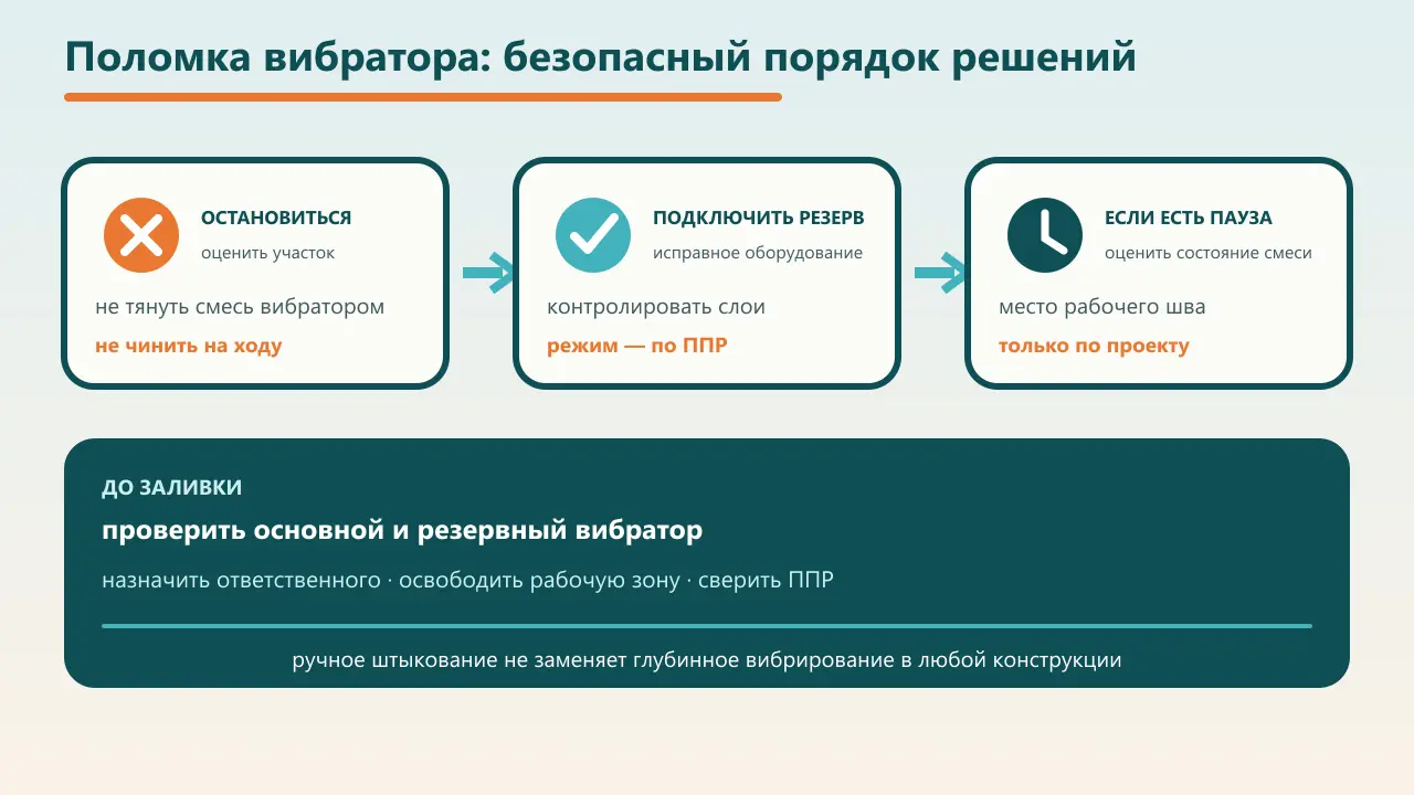 Схема решений при поломке вибратора: остановиться, подключить резерв и при существенной паузе получить проектное решение