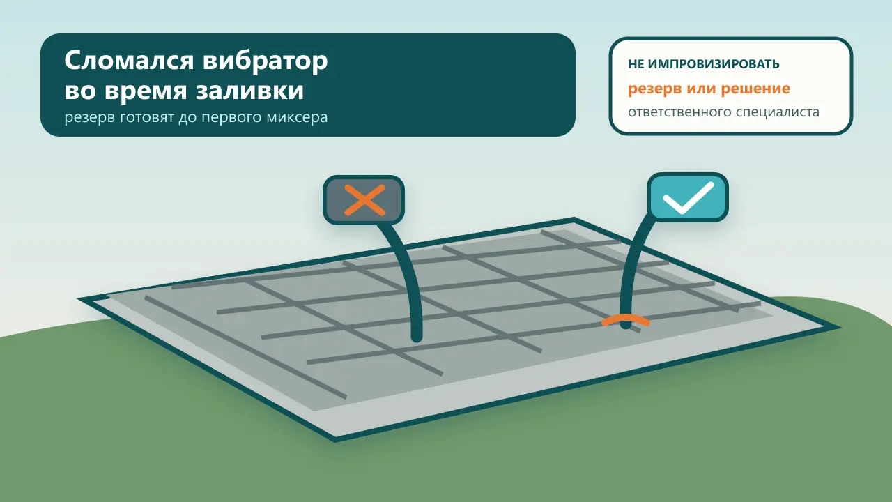 Сломался вибратор во время заливки: как сохранить качество бетона Армированная бетонная плита, неисправный глубинный вибратор и подготовленный резервный вибратор