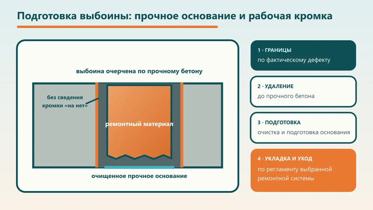Условная схема подготовки выбоины с вертикальной кромкой и прочным бетонным основанием