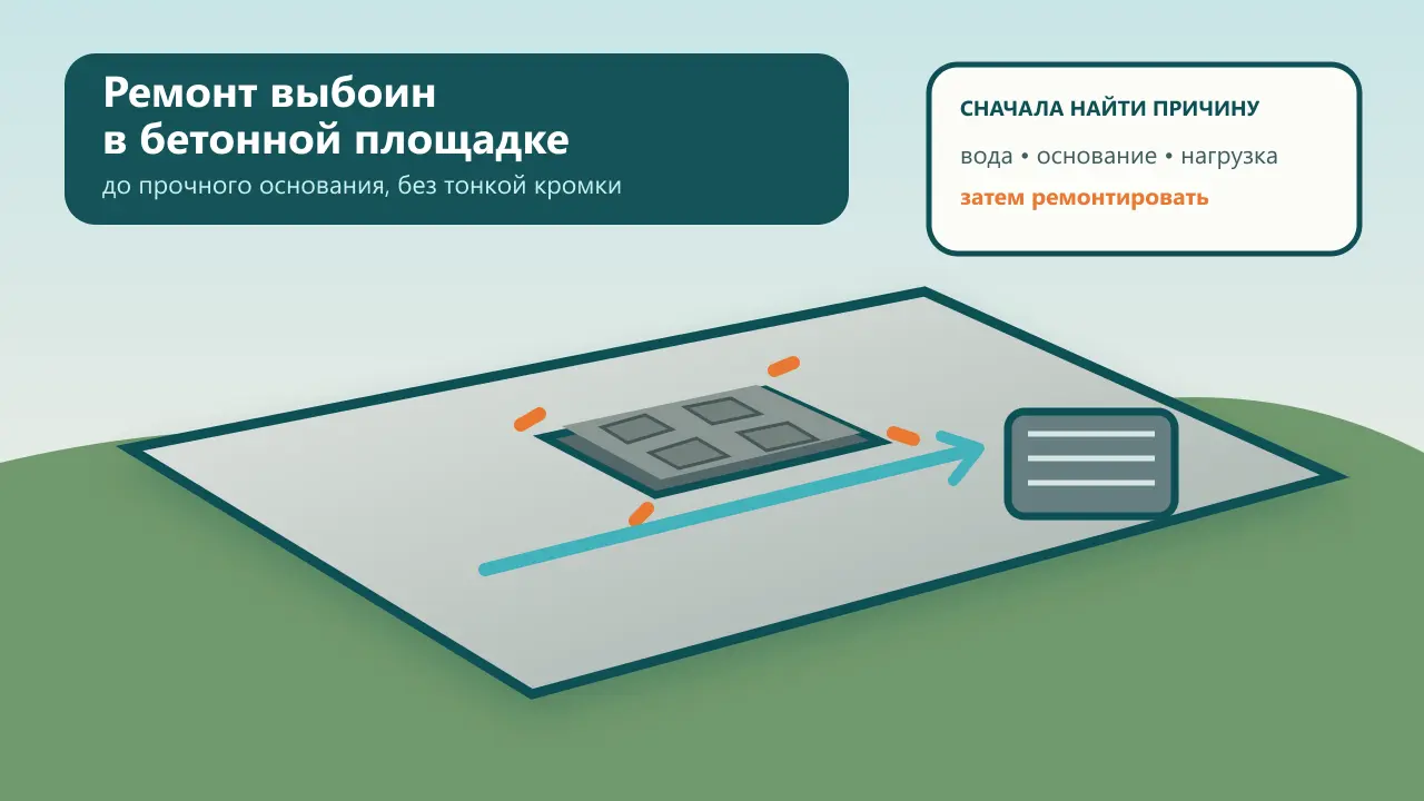 Условная схема выбоины на бетонной площадке с границей ремонта и направлением отвода воды