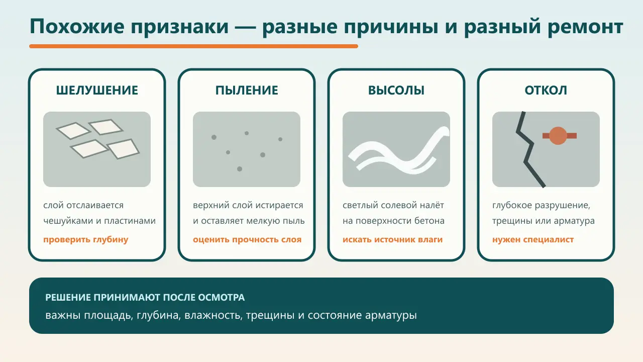 Сравнение признаков шелушения, пыления, высолов и глубокого откола на бетоне