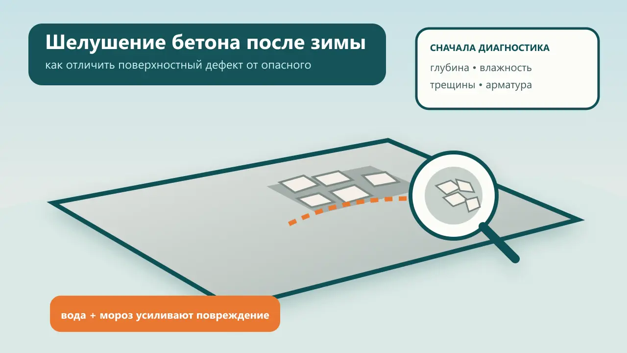 Шелушение бетона после зимы: как понять причину и отремонтировать Схема зимнего шелушения бетонной плиты и критериев первичной диагностики