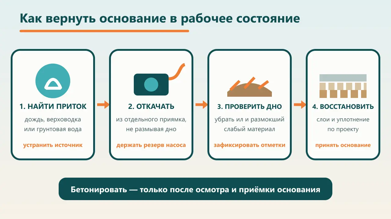 Схема сбора воды в приямок и проверки основания траншеи перед заливкой фундамента